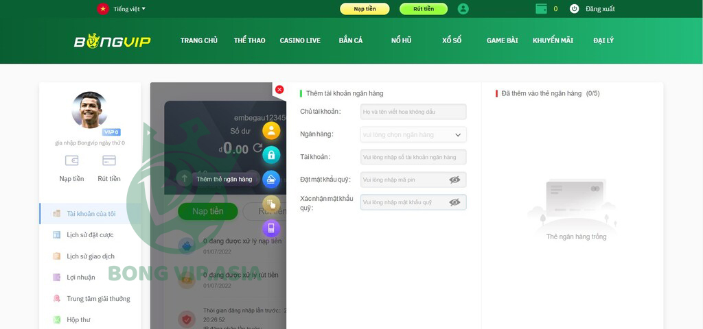 Cần cập nhật thông tin tài khoản để rút tiền tại Bongvip