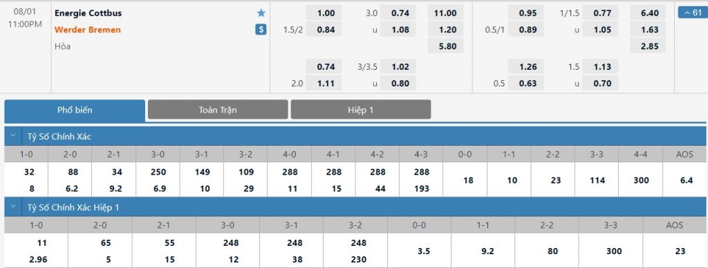 Bảng tỷ lệ kèo trận đấu Energie Cottbus vs Werder Bremen